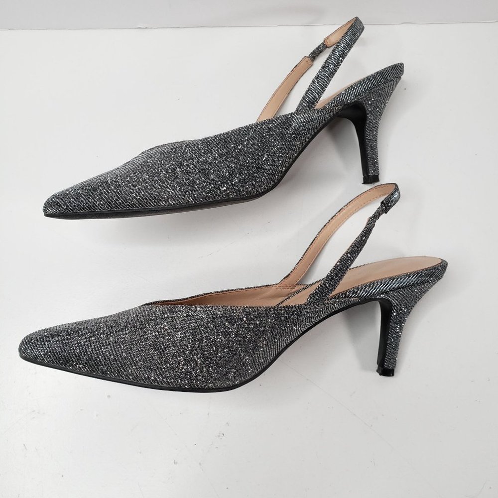 Ann Taylor Sling Back Kitten Heel Sz 8.5 Silver metallic Low Heeled Event Shoes - Picture 7 of 10